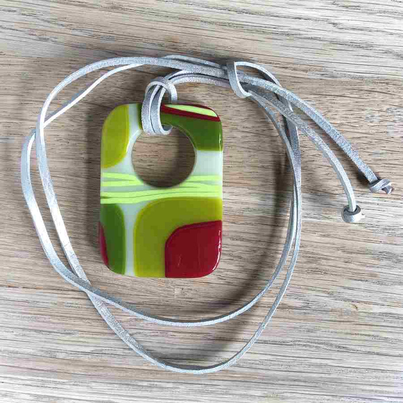 Alicia MacInnes Fused Glass Jewellery Spring Green Holey Necklace with leather cord