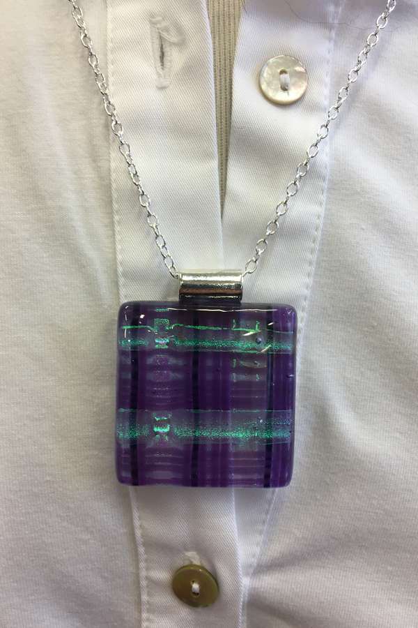 Alicia MacInnes Jewellery Cara Tartan Glass Pendant Necklace on blouse
