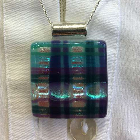 Alicia MacInnes Jewellery Iona Tartan Glass Pendant Necklace on blouse square