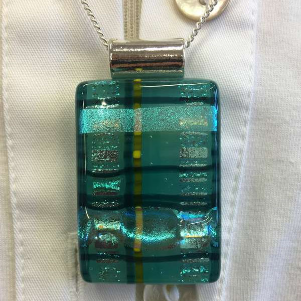 Alicia MacInnes Jewellery Skye Tartan Glass Pendant Rectangular Necklace on blouse