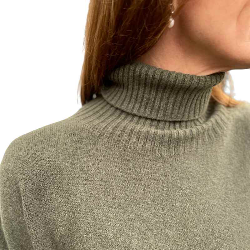 Amazing Woman Paige Polo Neck Long Dress Olive Musch on model collar detail