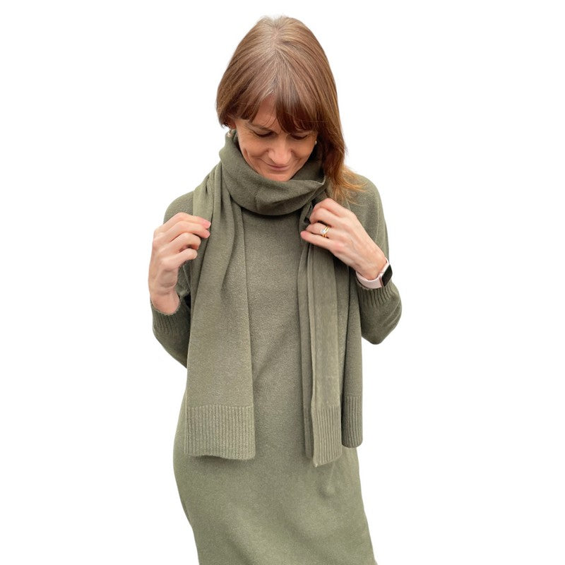 Amazing Woman Paige Polo Neck Long Dress Olive Musch on model with matching scarf