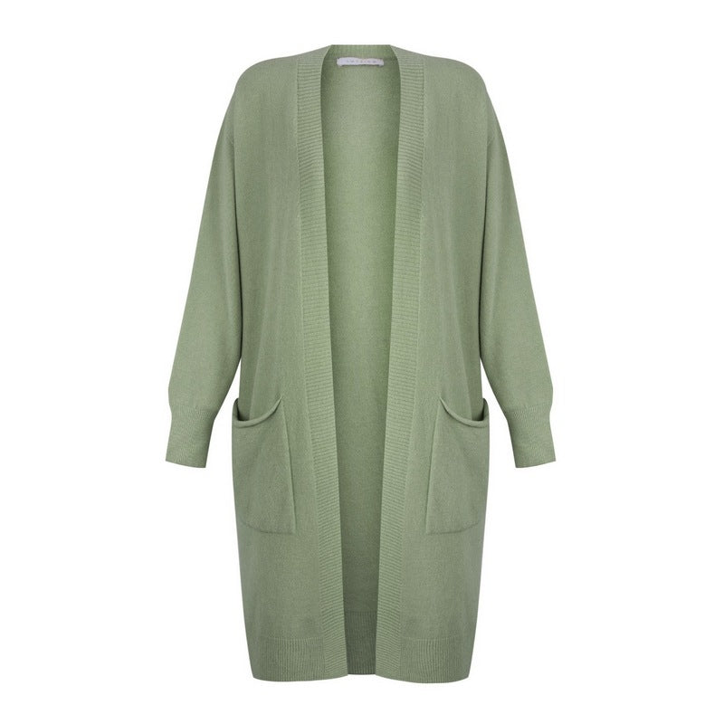 Amazing Woman Purdy Long Two Pocket Cardigan Olive Musch front