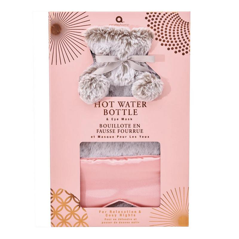 Aroma Home Grey Faux Fur Hot Water Bottle & Eye Mask GIFT-18-008 in box