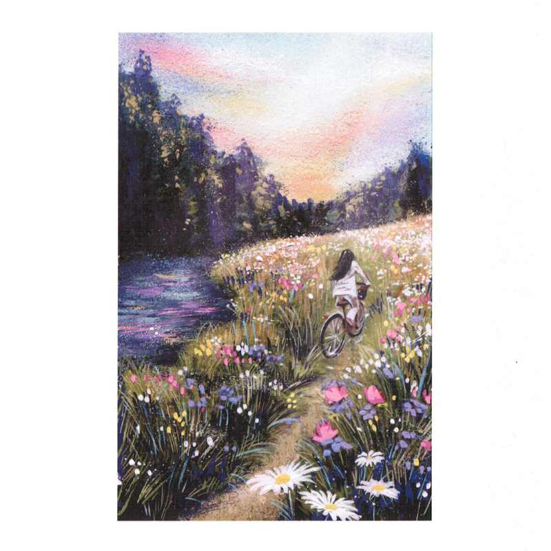 Art File Greetings Card Girl Cycling Through Flowers ES06 front