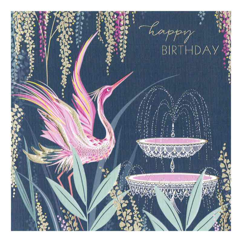 Art File Greetings Card Happy Birthday Pink Crane & Fountain SAM131A front