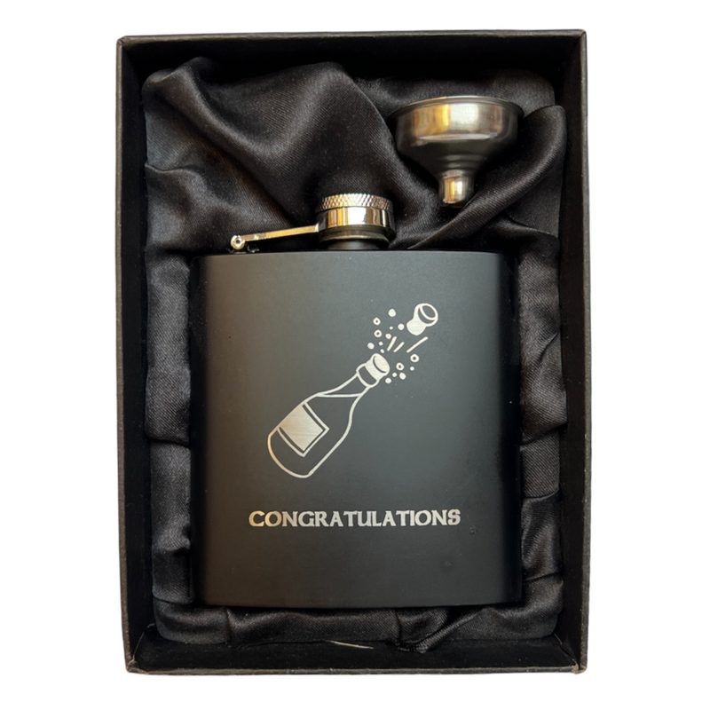Art Pewter Hip Flask Black Engraved Congratulations 6oz in box