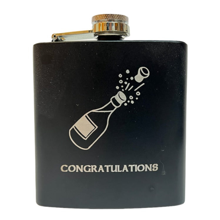 Art Pewter Hip Flask Black Engraved Congratulations 6oz main