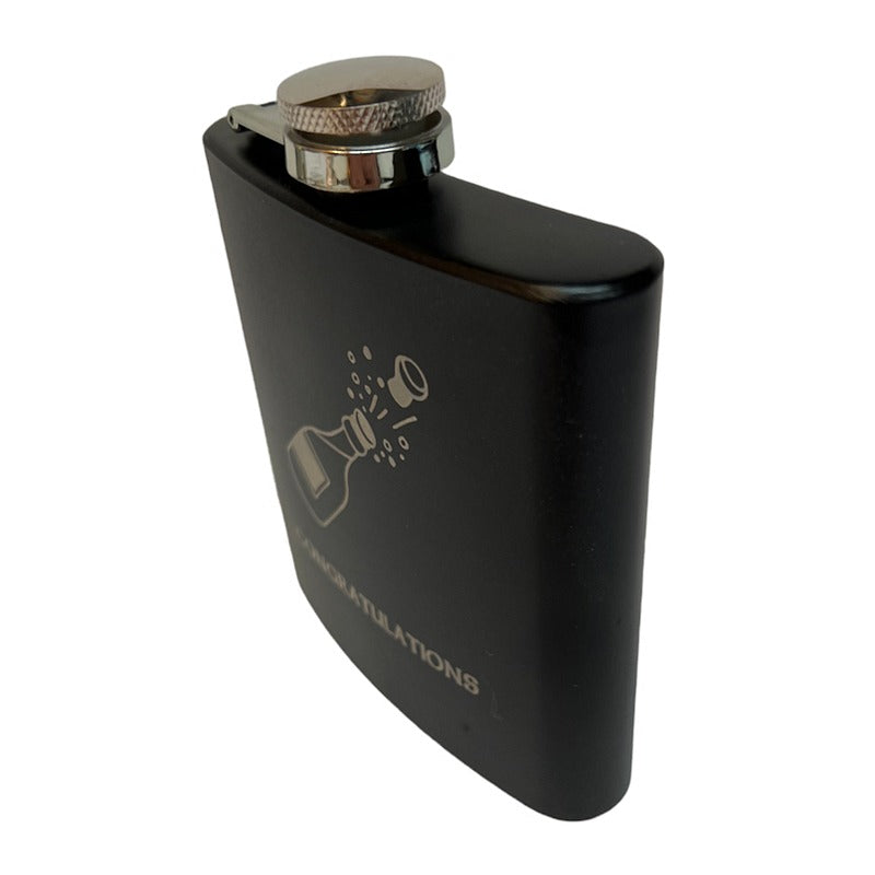 Art Pewter Hip Flask Black Engraved Congratulations 6oz side