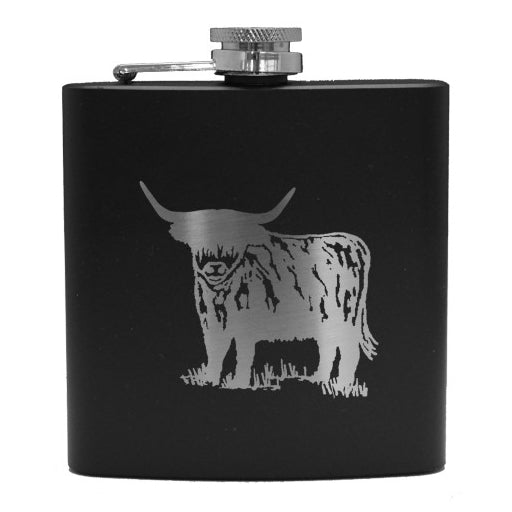 Art Pewter Hip Flask Matt Black Engraved Highland Cow 6oz HF6BHC main