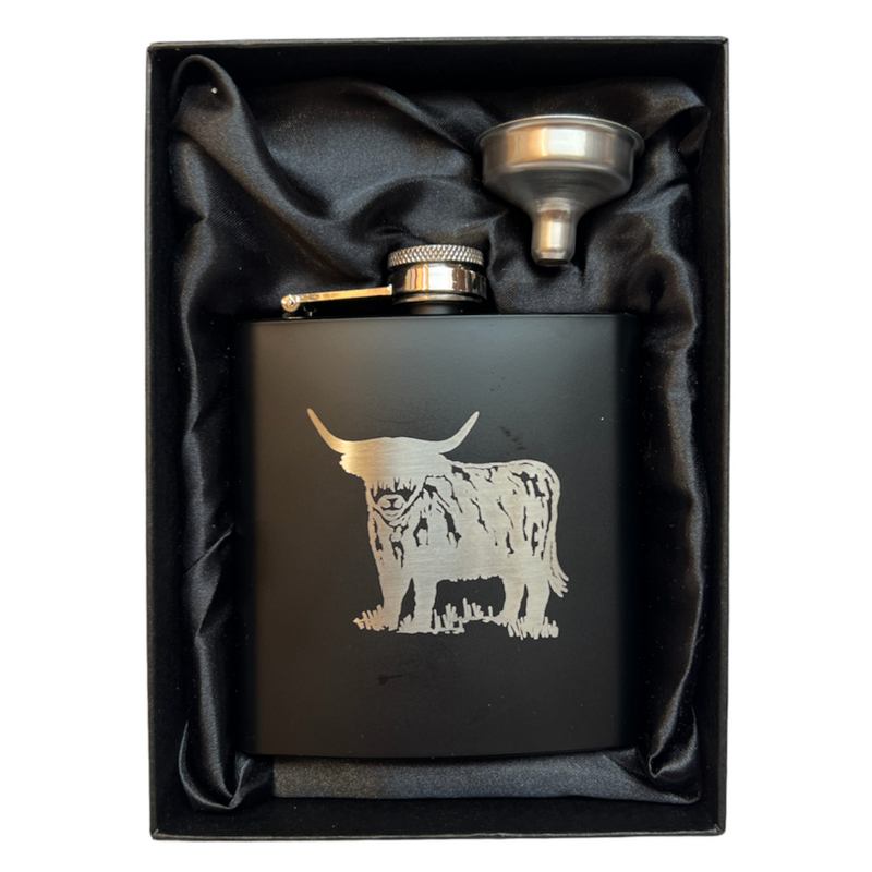 Hip Flask Matt Black Engraved Highland Cow 6oz in box