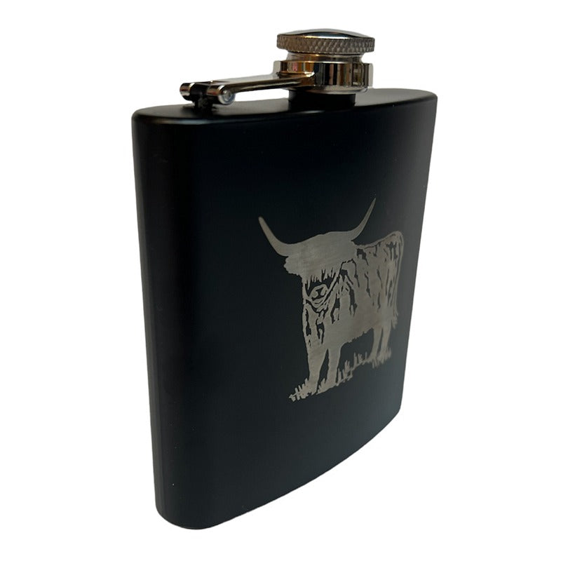 Hip Flask Matt Black Engraved Highland Cow 6oz side