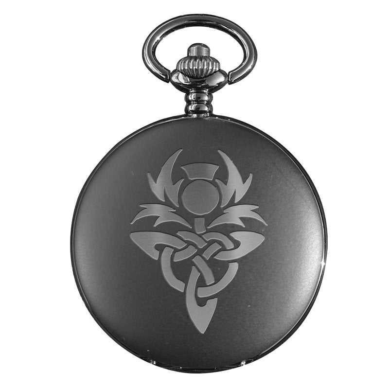 Art Pewter Matt Black Pocket Watch Engraved Thistle PWB-CT