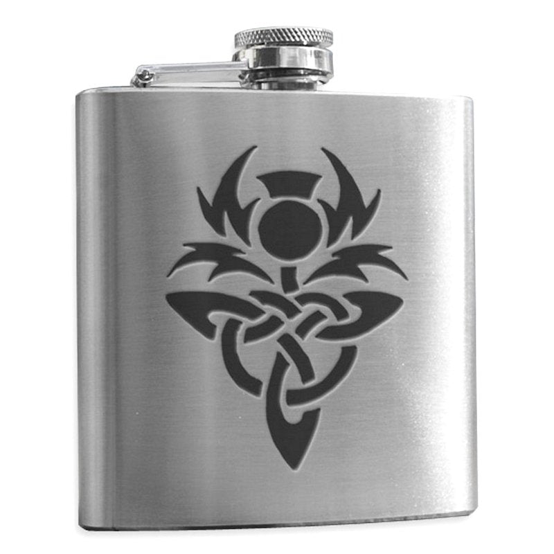 Art Pewter Stainless Steel Hip Flask 6oz Engraved Thistle HF6-CT front