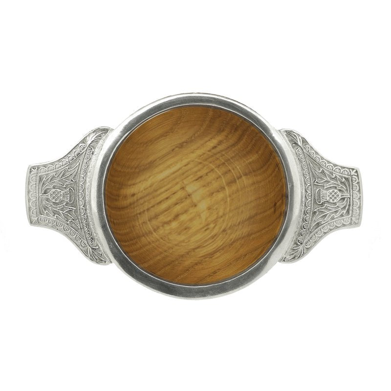 Wooden Quaich with Pewter Thistle Handles WQ1 top