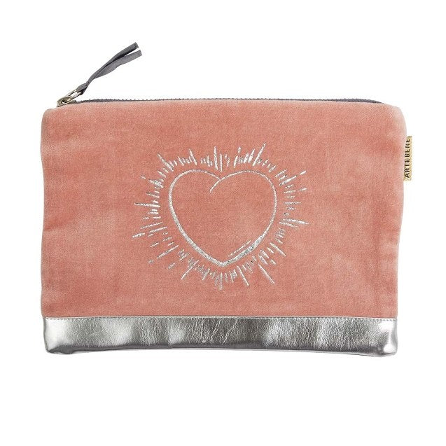 ArteBene Cosmetics Bag Pink Velvet Silver Heart 241029 front