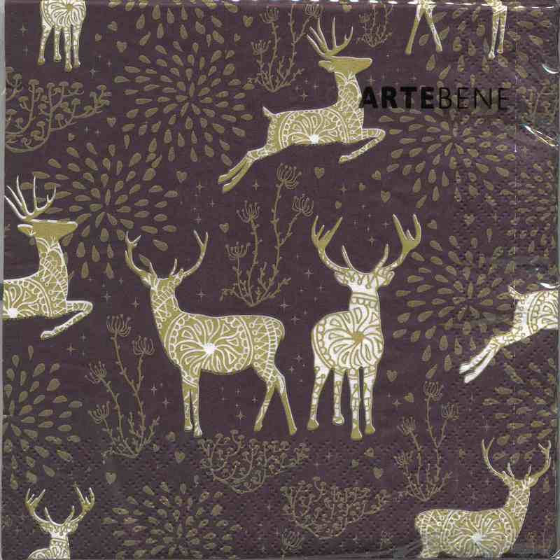 Artebene Paper Napkins Gold Stags on Burgundy 132819 front