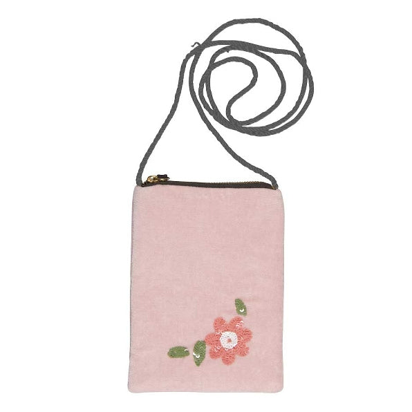 Velvet Phone Bag Pink with Beaded Flower