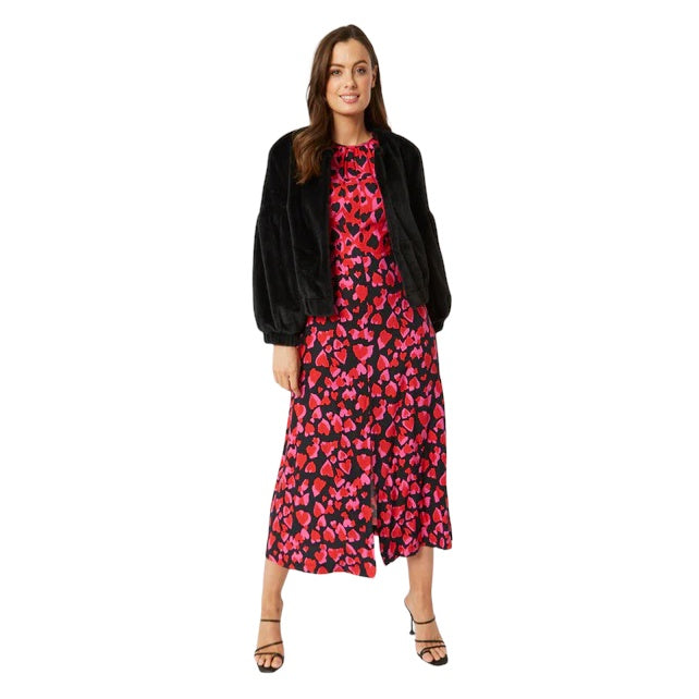 Black Faux Fur Cropped Jacket with Puff Sleeves FMJ37A-01 on model full-length