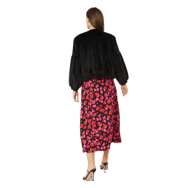 Black Faux Fur Cropped Jacket with Puff Sleeves FMJ37A-01 on model full-length back