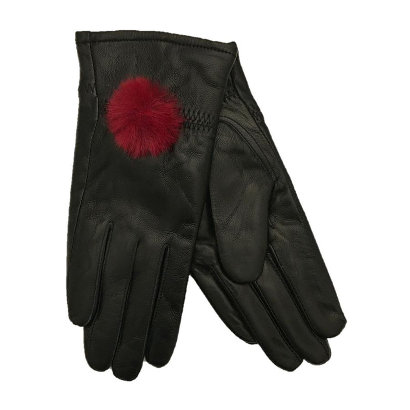 Black Leather Gloves with Red Pompom pair