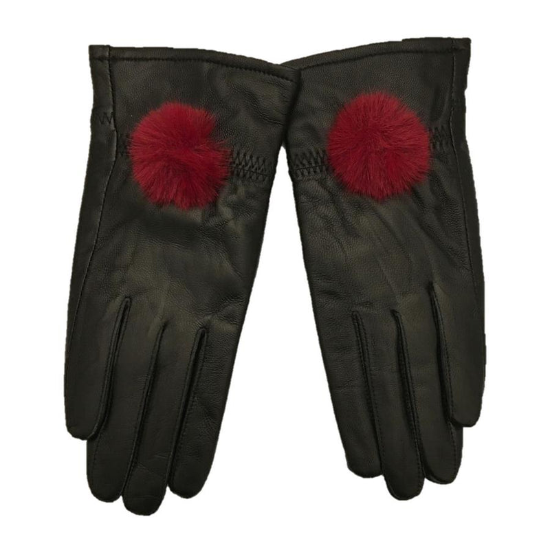 Black Leather Gloves with Red Pompom side by side