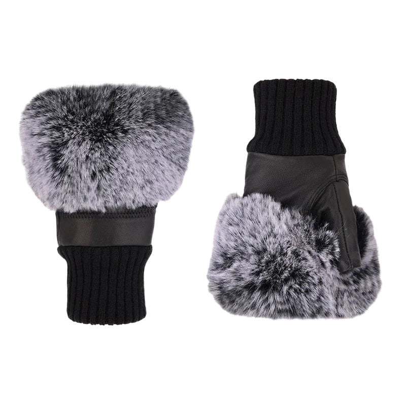 Black Leather and Grey Faux Fur Fingerless Gloves GLVFM506A-01 main