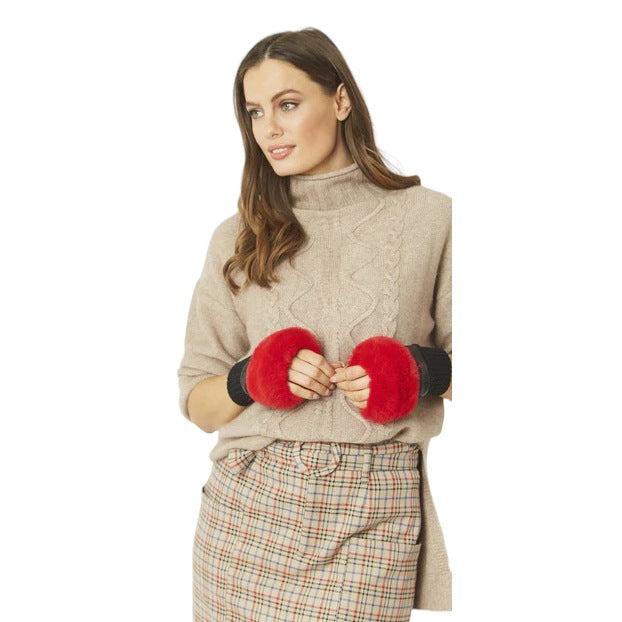 Jayley Black Leather and Red Faux Fur Fingerless Gloves GLVFM506A-08 on model front 1