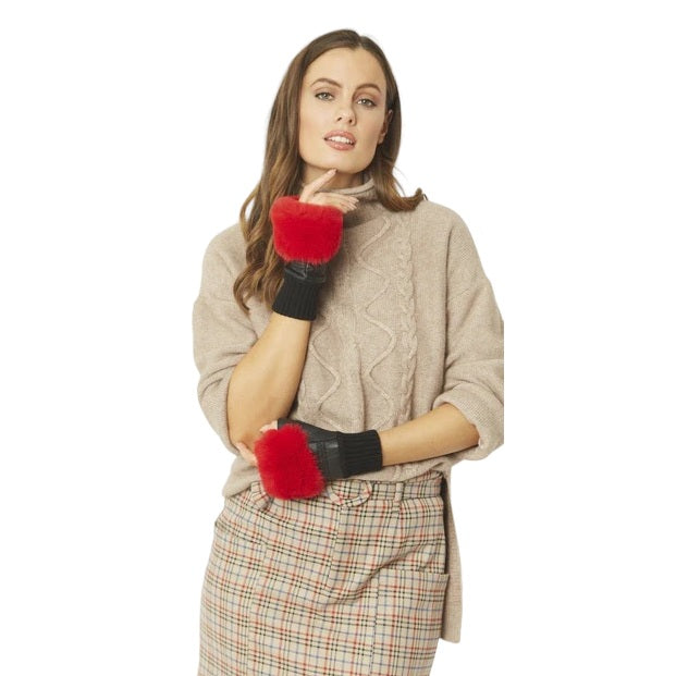 Jayley Black Leather and Red Faux Fur Fingerless Gloves GLVFM506A-08 on model front 2