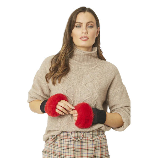 Jayley Black Leather and Red Faux Fur Fingerless Gloves GLVFM506A-08 on model front 3