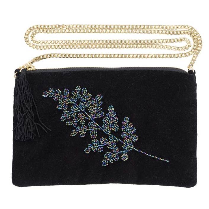 Black Velvet Clutch Bag with Beaded Leaves 240951 front