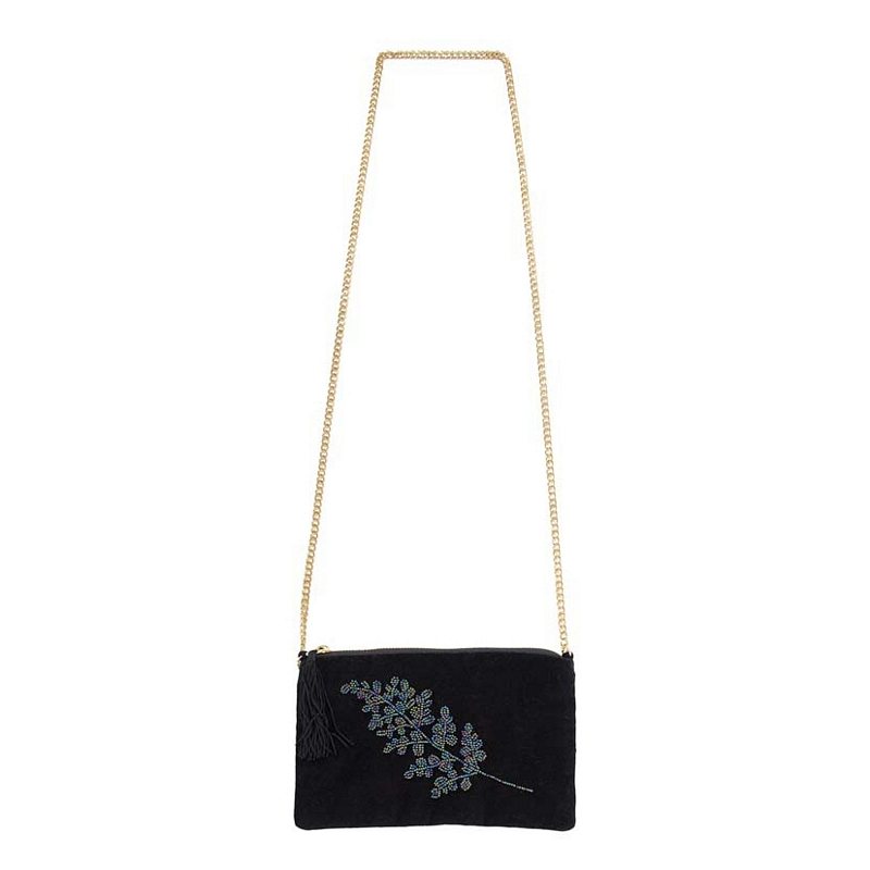 Black Velvet Clutch Bag with Beaded Leaves 240951 hanging