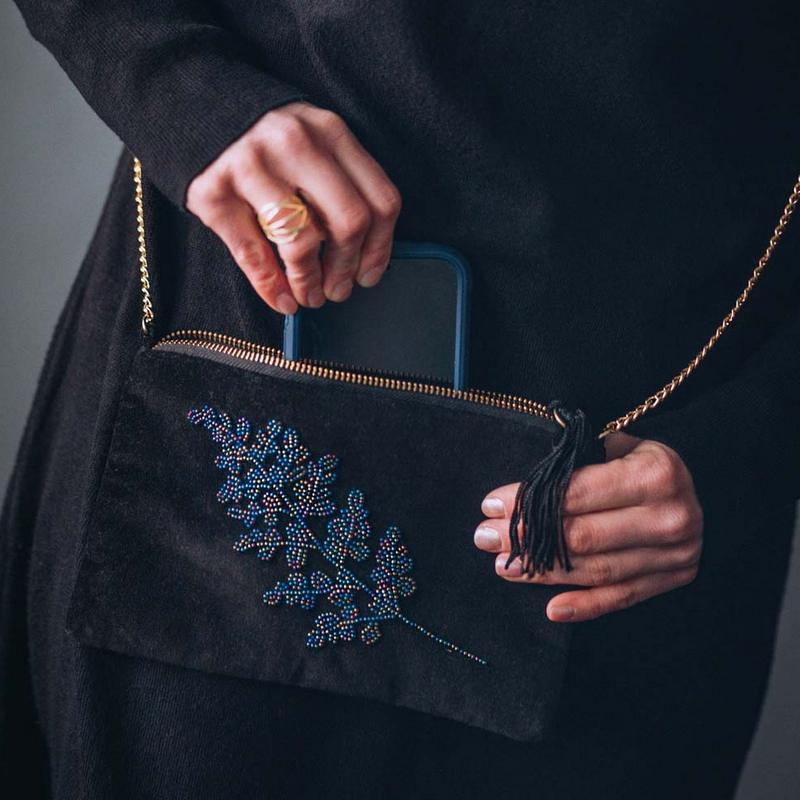 Black Velvet Clutch Bag with Beaded Leaves 240951 in use