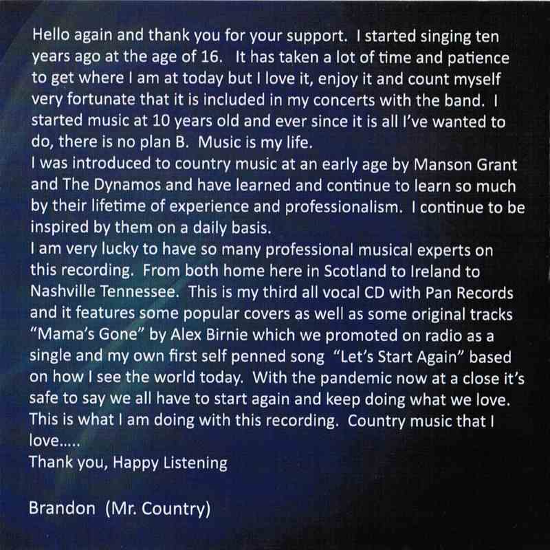 Brandon McPhee Mr Country CDPAN057 CD message from Brandon