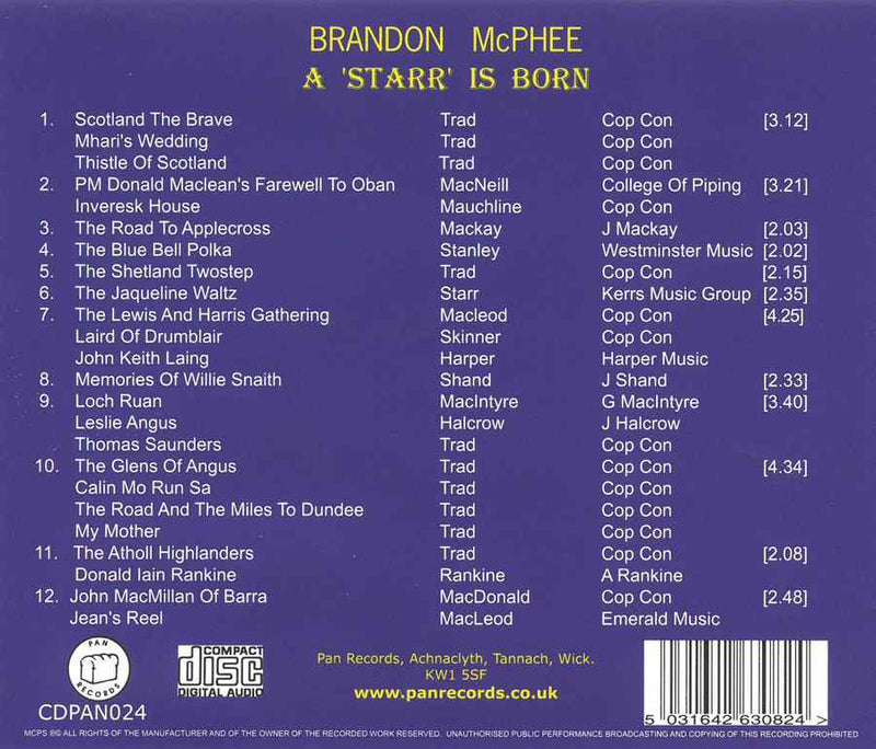 Brandon McPhee - A Starr Is Born CDPAN024 inlay track list