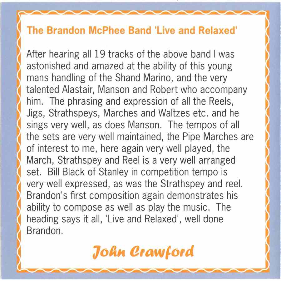 Brandon McPhee Band - Live And Relaxed CDPAN039 inside