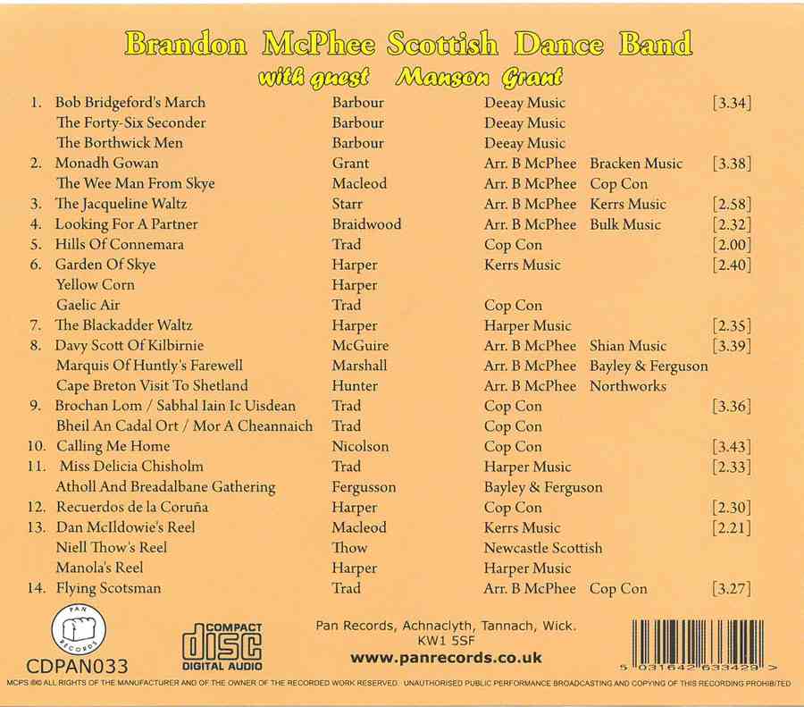 Brandon McPhee Scottish Dance Band - The Flying Scots CDPAN028 inlay track list
