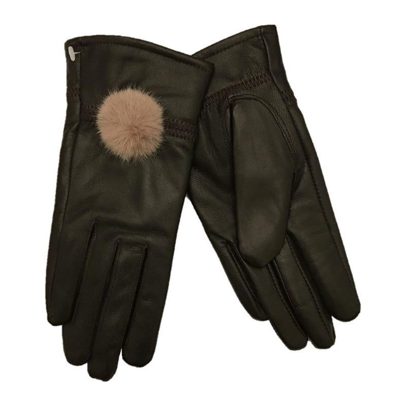 Brown Leather Gloves With Taupe Pompoms front and back