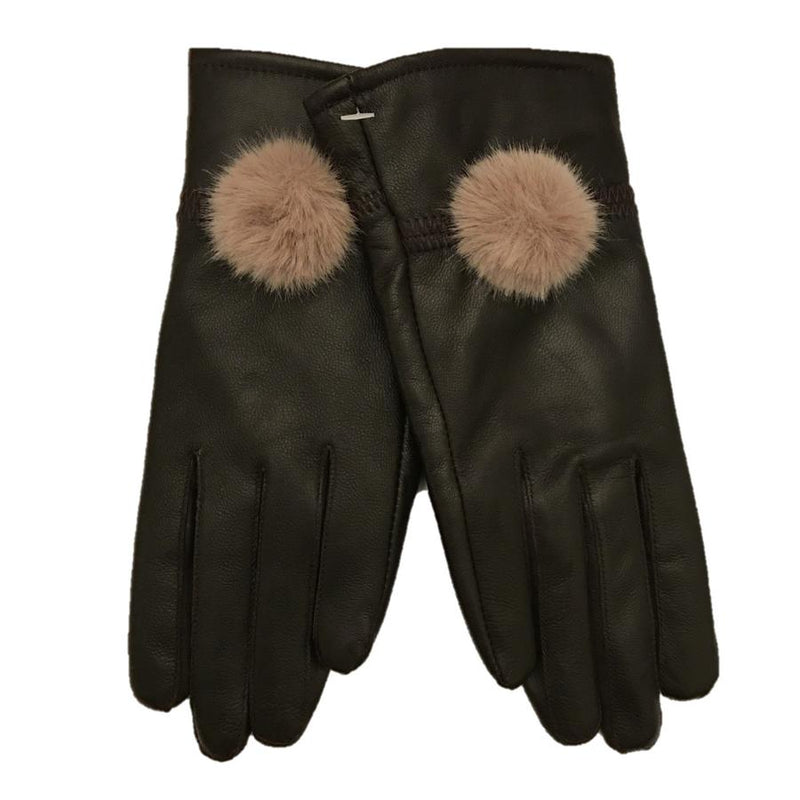 Brown Leather Gloves With Taupe Pompoms pair