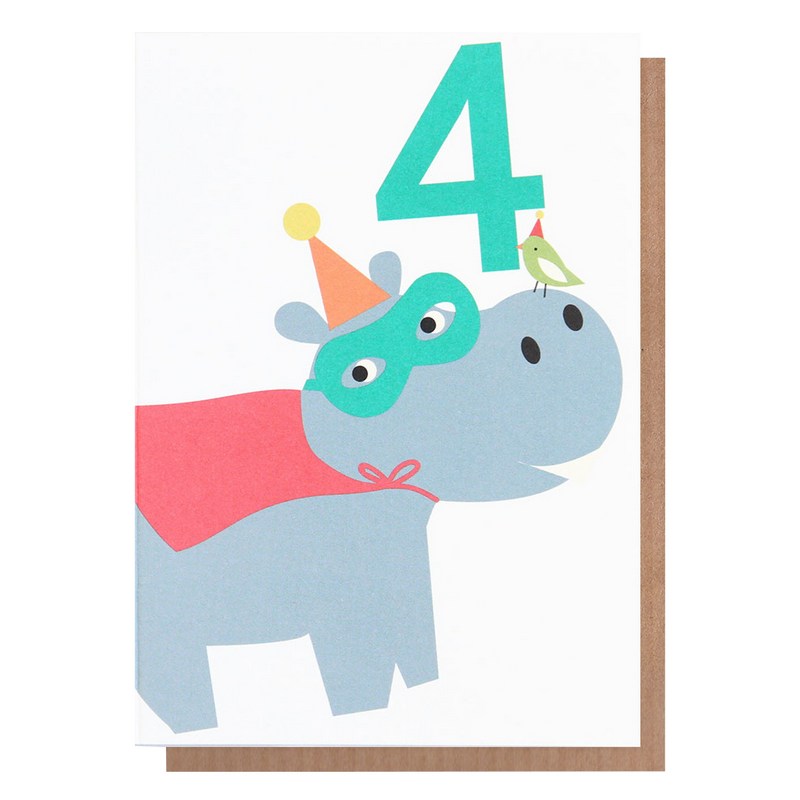 Caroline Gardner Age 4 Birthday Card Hippo Superhero NEO027