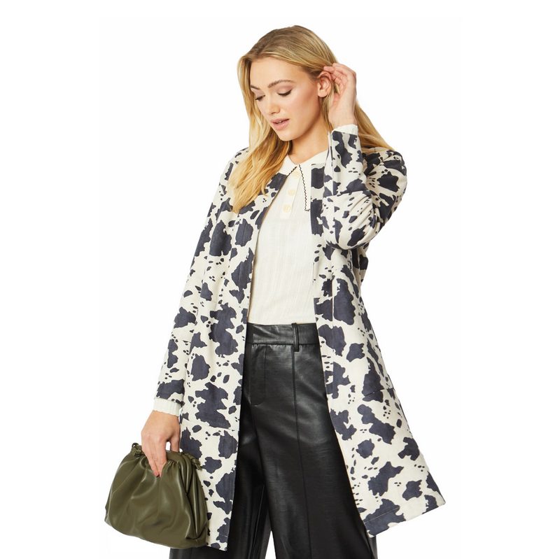 Carolynn Faux Suede Cow Print Coat SUCJ31A-01 on model close-up