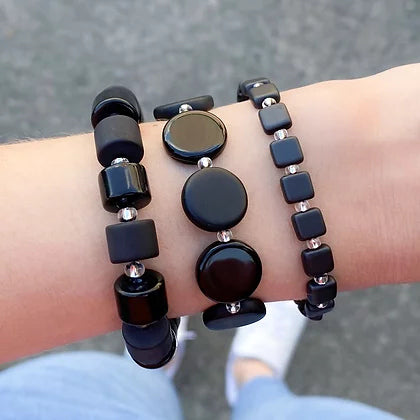 Carrie Elspeth Jewellery Noir Discs Bracelet on model