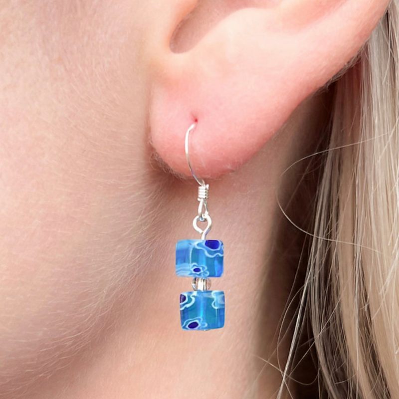 Carrie Elspeth Jewellery Skyblue Millefiore Cubes Earrings EH1825 on model