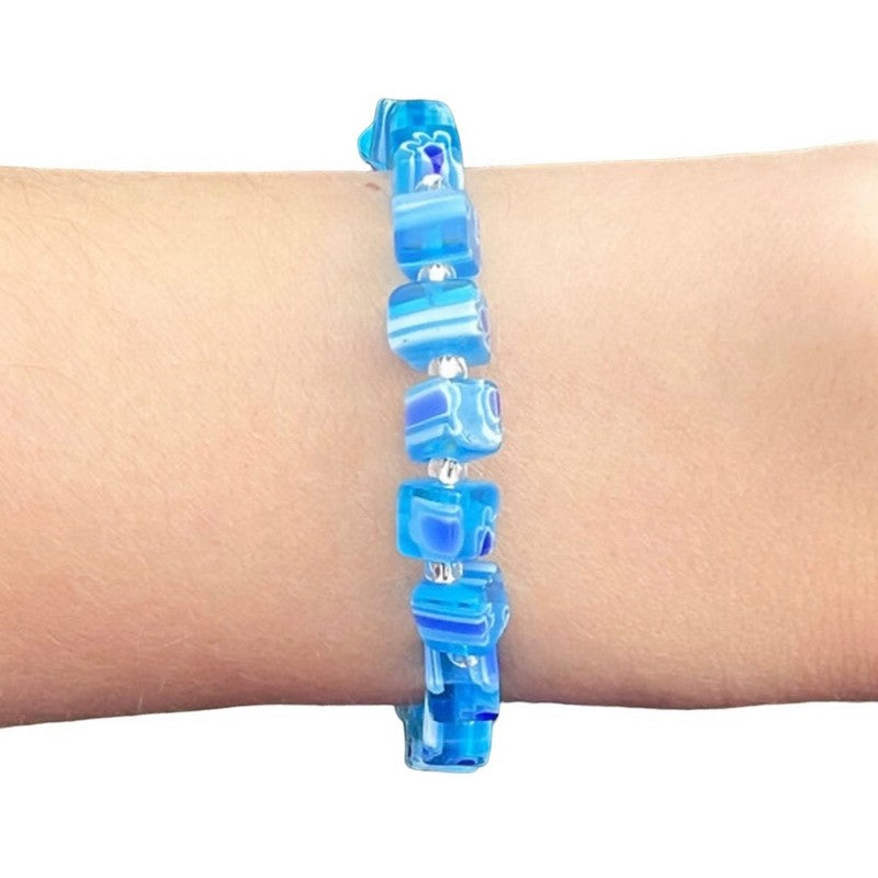 Carrie Elspeth Jewellery Skyblue Millifiore Cubes Bracelet B1825 on model