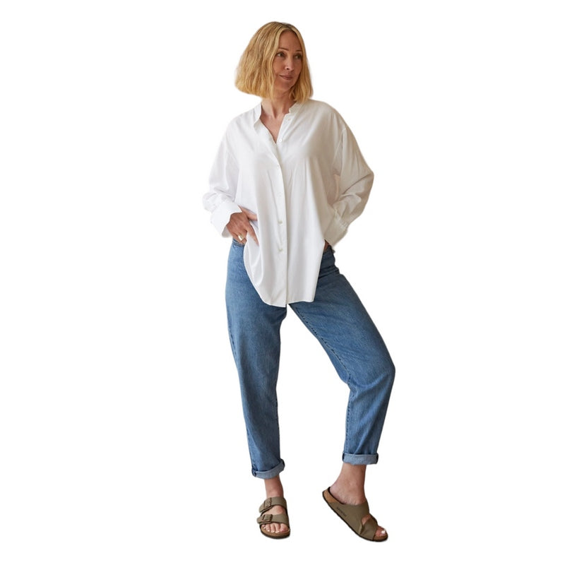Chalk Clothing Petra Grandad Shirt White on model main untucked