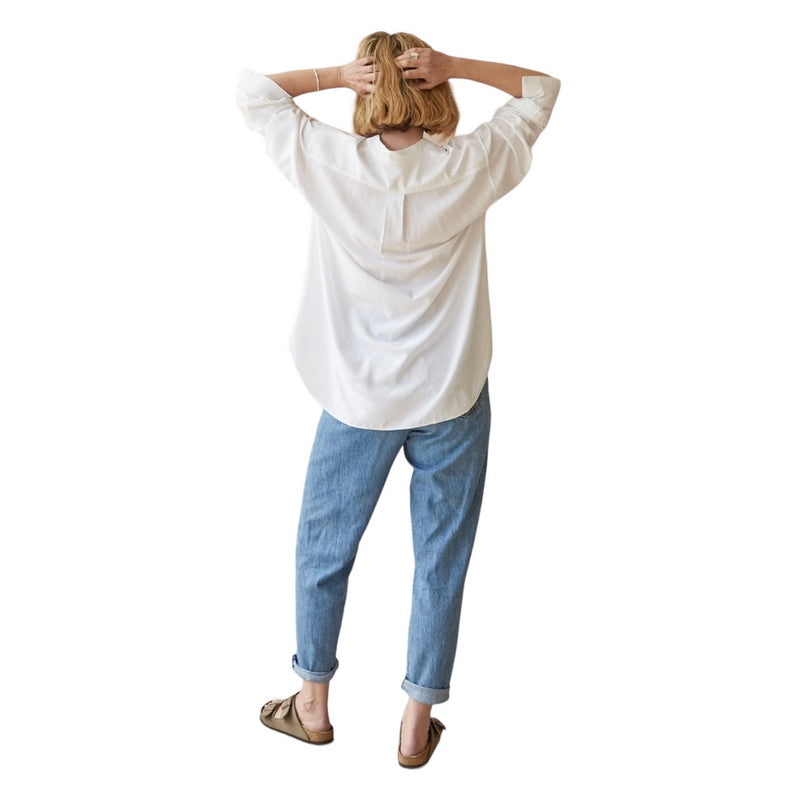 Chalk Clothing Petra Grandad Shirt White on model back untucked