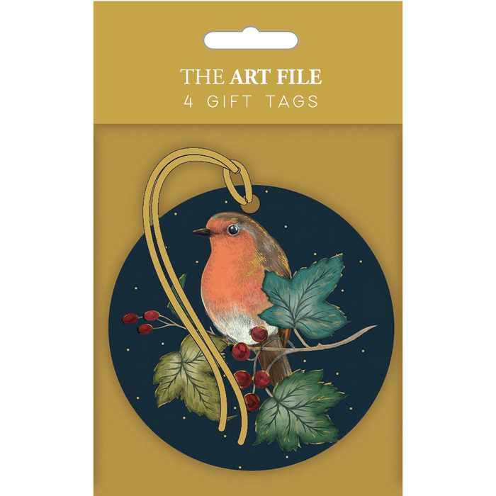 Christmas Tags Pack of 4 Circular Robin Leaf TAGX03