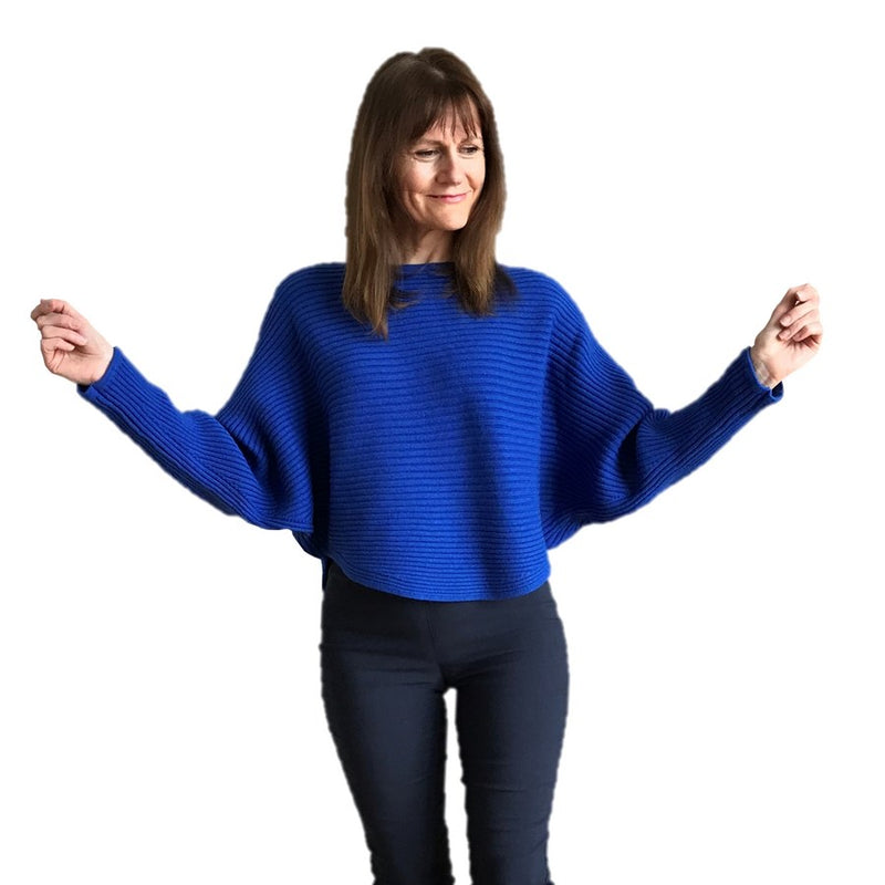 Crew Necked Ribbed Bat Wing Jumper Royal Blue on Helen