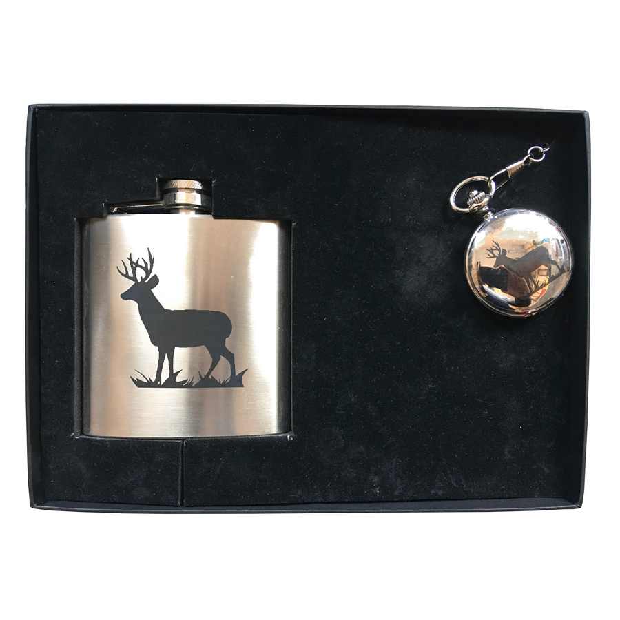Deer Stag Hip Flask & Pocket Watch