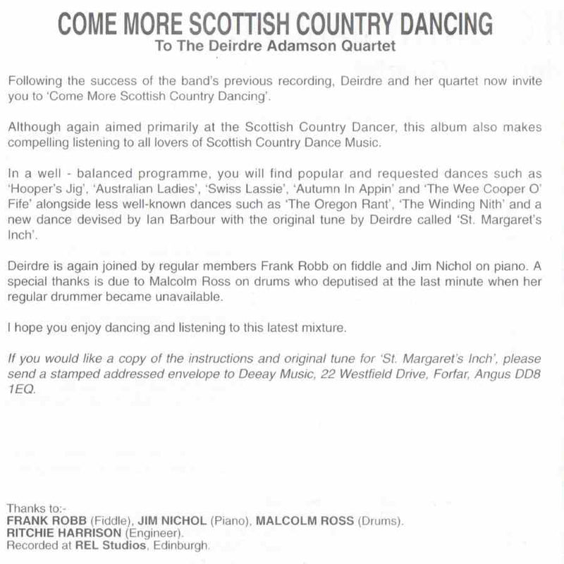 Deirdre Adamson - Come More Scottish Country Dancing CD back cover
